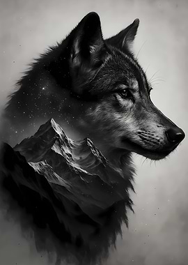 Wolf and Mountain Black and White
