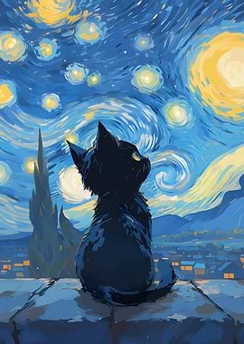 Black Cat Starry Night Painting