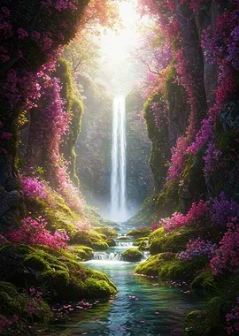 Waterfall in a Floral Paradise