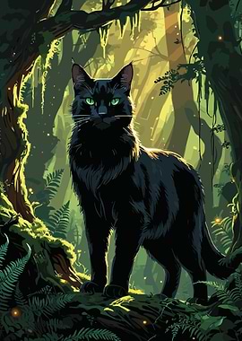 Black Cat in Forest Illustration