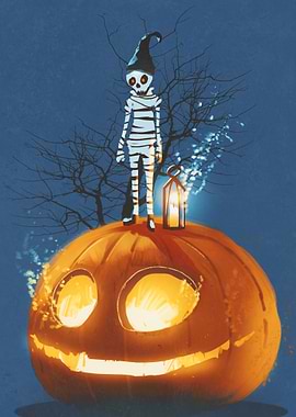 Halloween Pumpkin with Mummy and Lantern