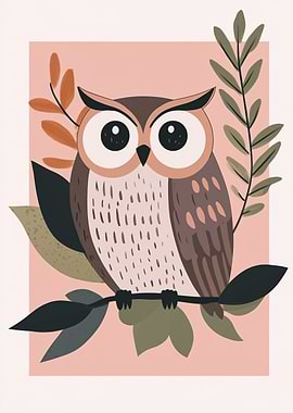 Stylized Owl Illustration with Foliage