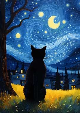 Black Cat Starry Night Painting
