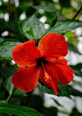 Red Hibiscus Flower with Water Droplets