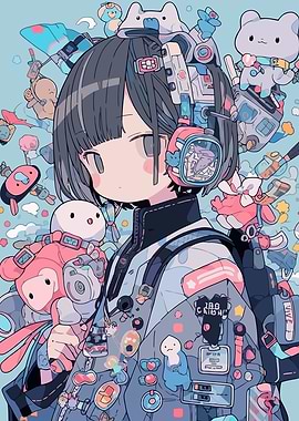 Anime Girl with Gadgets and Plushies