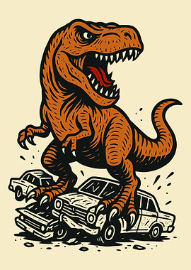 Dinosaur Crushing Cars Illustration