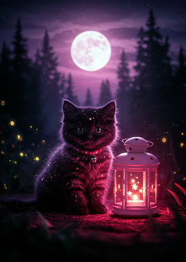 Kitten with Lantern under Moonlight