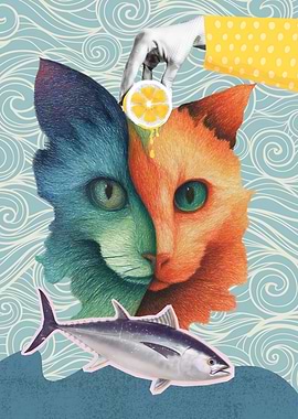 Surreal Collage with Cat, Lemon and Fish