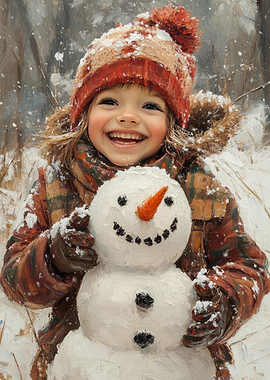 Girl with Snowman in Winter Scene