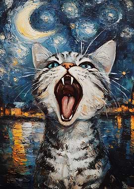 Cat Yawning in Starry Night Style