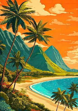 Tropical Beach Landscape with Palm Trees