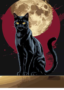 Black Cat and Full Moon Art