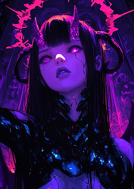 Anime Girl with Horns in Neon