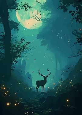 Mystical Deer in Moonlight Forest