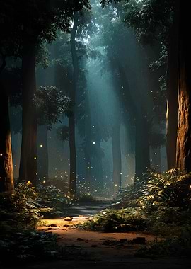 Enchanted Forest Path with Fireflies