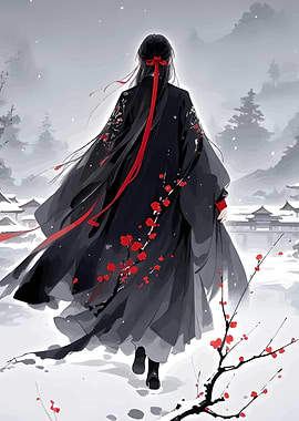 Asian Woman in Winter Landscape