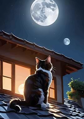 Cat on Roof Gazing at Moon