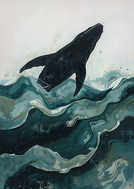 Whale breaching in teal ocean painting