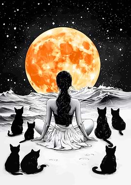Woman, Cats, and Moonlit Ocean