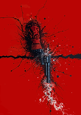 Gun in Hand on Red Background