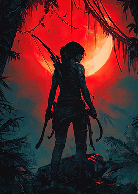Lara Croft in Jungle with Red Moon