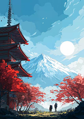 Japanese Landscape with Pagoda and Mountain
