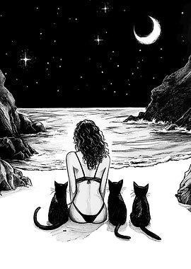 Moonlit Beach with Cats and Woman