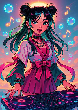 Anime DJ Girl with Music Notes