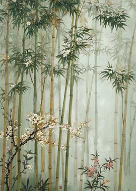 Bamboo Forest with Blossoms Painting