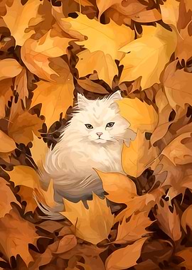 White Cat in Autumn Leaves