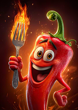Cartoon Red Chili Pepper with Fork