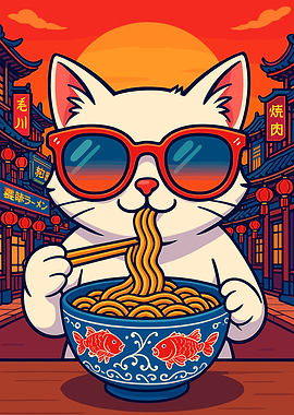 Cat eating ramen in Asian street