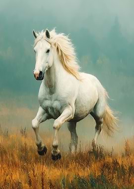 White Horse Galloping in Field