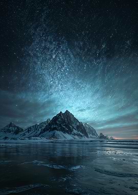 Night Sky over Snowy Mountains in Iceland