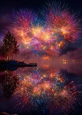 Fireworks over water at night