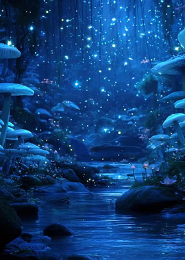 Enchanted Blue Forest with Glowing Mushrooms