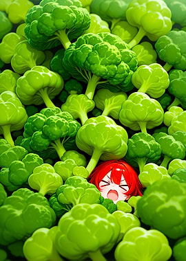 Anime Girl Surrounded by Broccoli Forest