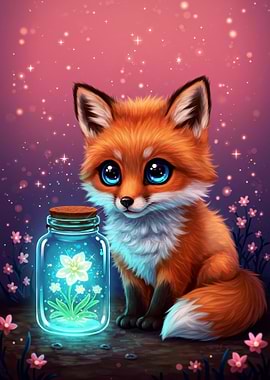 Cute Fox with Glowing Flower Jar