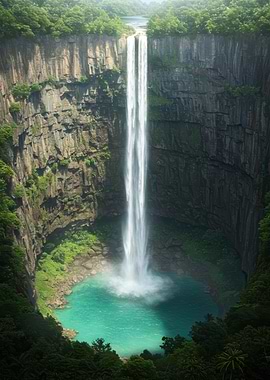 Majestic Waterfall in Lush Canyon