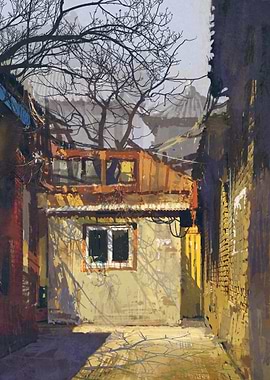 Urban Courtyard Painting with Bare Tree