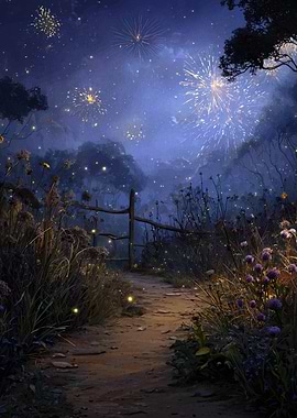 Enchanted Night Path with Fireworks