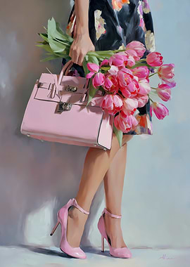 Pink Woman's Bag High Heels Accessories Tulips Flowers Painting