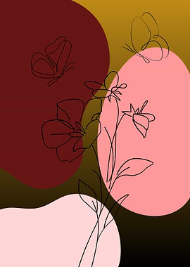 Minimalist Floral Line Art with Butterflies