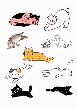 Lazy Cats, Cartoon Cats in Various Poses