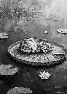 Cat Nap on Lily Pad Painting