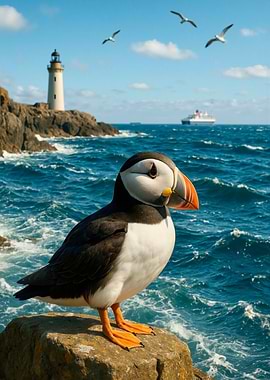 Puffin on Rocky Coast with Lighthouse