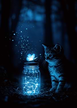 Kitten, Butterfly, and Jar of Lights