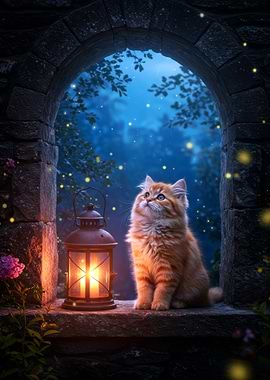 Ginger Kitten and Lantern in Stone Window
