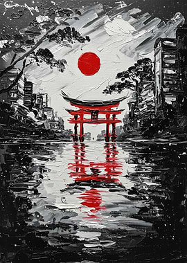 Japanese Torii Gate Black and White Painting