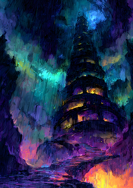 Mystical Tower in the Rain and Stormy Sky